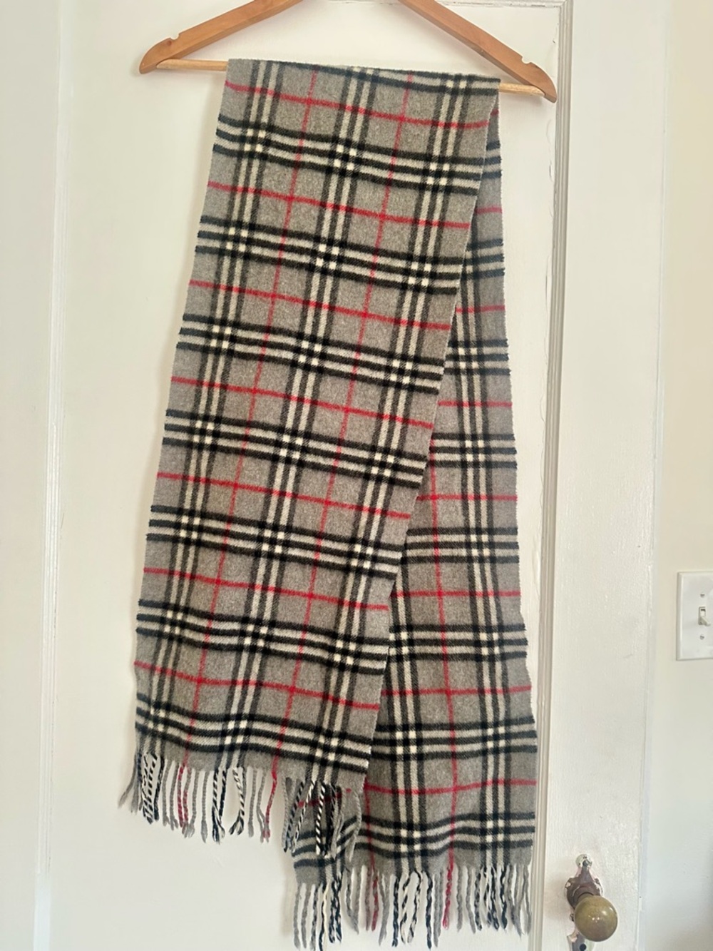 Burberry Plaid Lambswool Scarf in Beige, Black & Red Trim - Picture 3 of 4